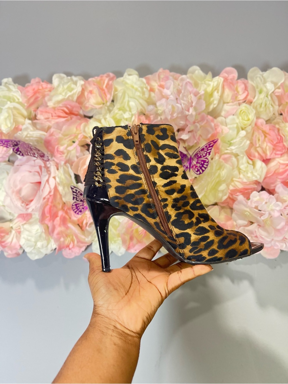 Sugar Leopard Print Peep-Toe Ankle Bootie in Tan and Black